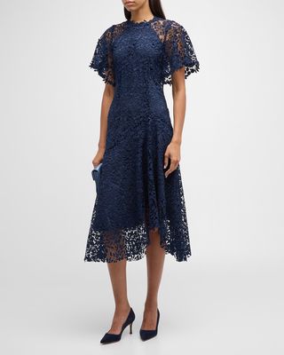 Asymmetric A-Line Floral Lace Midi Dress