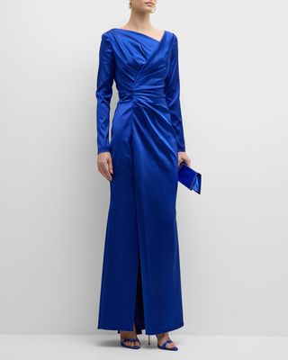Asymmetric Draped Long-Sleeve Stretch Satin Duchesse Gown