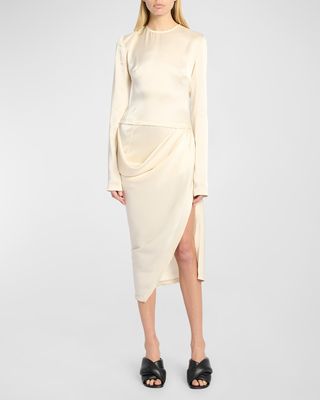 Asymmetric Draped Slit-Hem Satin Midi Dress