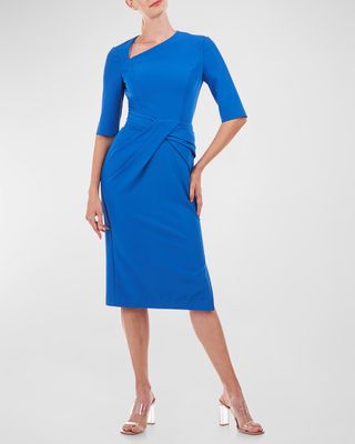 Asymmetric Elbow-Sleeve Crepe Midi Dress