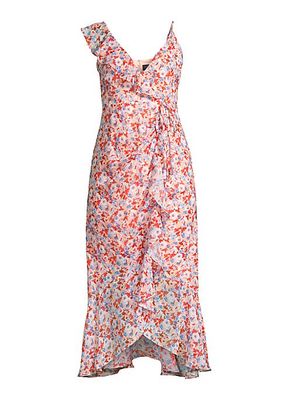 Asymmetric Floral Ruffle Midi-Dress