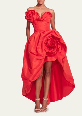 Asymmetric High-Low Faille Gown with Sculptural Rose Details