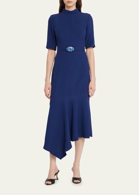 Asymmetric Midi Dress with Embellished Belted Waist