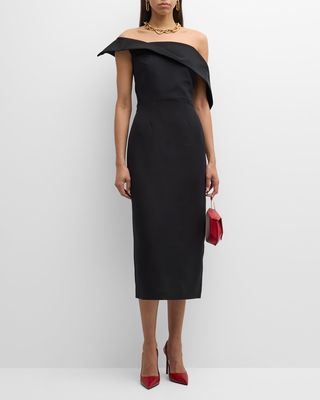 Asymmetric Off-The-shoulder Wool-Silk Midi Dress