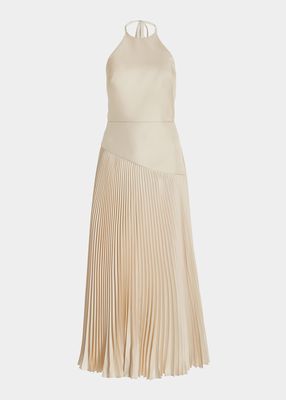Asymmetric Pleated Halter Midi Dress