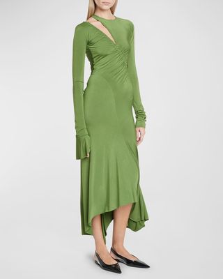 Asymmetric Ruched Slash-Cutout Jersey Maxi Dress