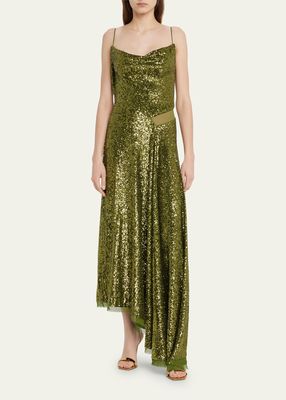 Asymmetric Sequin Gown with Mesh Inset Detail