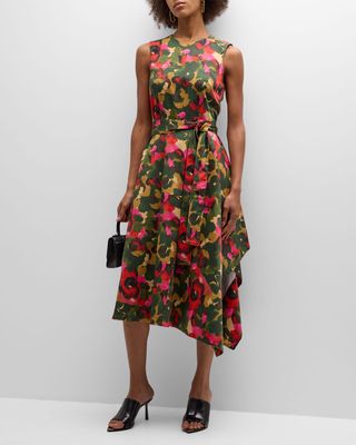 Asymmetric Sleeveless Floral-Print Midi Dress