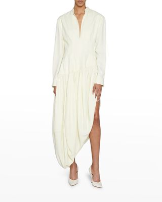 Asymmetric Thigh-Slit Fit-&-Flare Midi Shirtdress