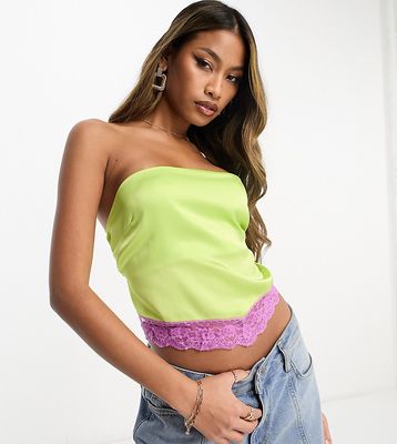 ASYOU bandeau lace trim satin top in lime-Green