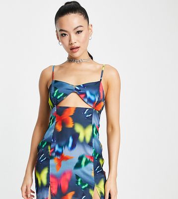 ASYOU cami cut out split leg mini dress in blurred butterfly print-Multi