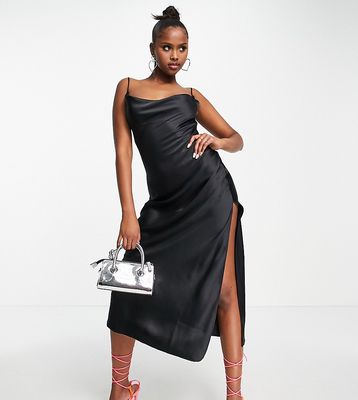 ASYOU cowl neck satin midi slip dress in black - BLACK