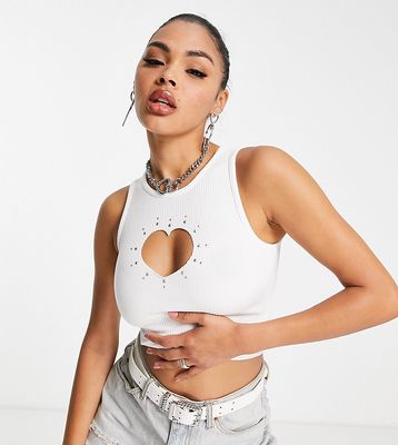 ASYOU crinkle rib heart cut out racer top in white