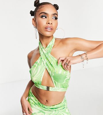 ASYOU crossfront buckle strap halter top in print-Green