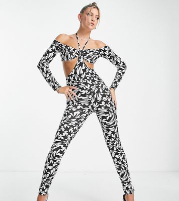 ASYOU cut out halter neck unitard in black and white star print