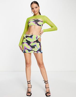 ASYOU cut out mini skirt with neon chain detail in butterfly print - part of a set-Multi