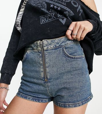 AsYou denim zip front booty shorts in dirty wash-Blue