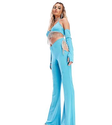 ASYOU festival diamante trim cut out ruched flare pants in blue