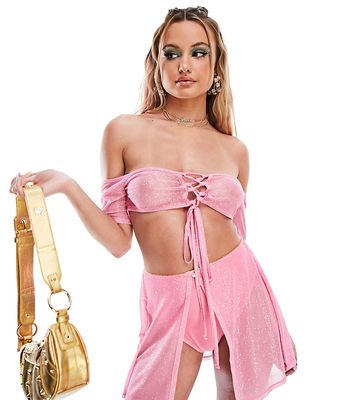 ASYOU festival glitter mesh bardot lace up bralet in pink - part of a set