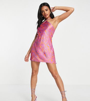ASYOU halter neck satin slip dress in abstract floral print-Pink