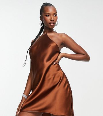 ASYOU halter neck satin slip mini dress in chocolate-Brown