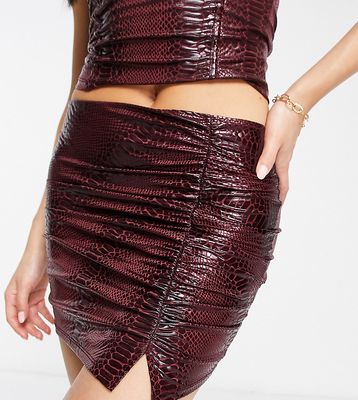 ASYOU hi-shine croc ruched mini skirt in chocolate - part of a set-Brown