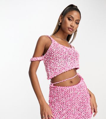 ASYOU knit textured popcorn strappy top in pink - part of a set