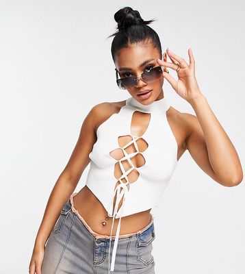 ASYOU knitted lace up halter neck top in white