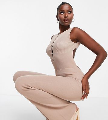 ASYOU knitted rib body sculpt jumpsuit in sand-Neutral