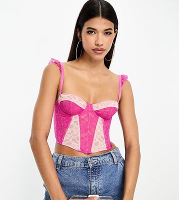 ASYOU lace bust cup corset with frill cami detail straps in contrast pink