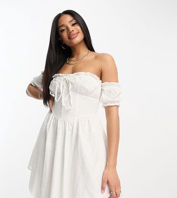 ASYOU lace up broderie bardot mini dress in white