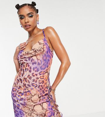 ASYOU lace up detail cowl neck slip dress in leopard print-Pink