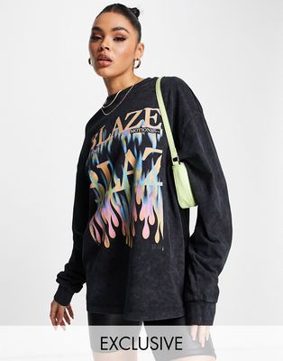 ASYOU oversized t-shirt with blaze graphic in acid wash black-Multi