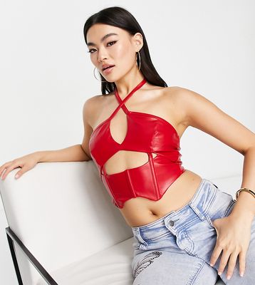 ASYOU pu cut out halter corset top in red