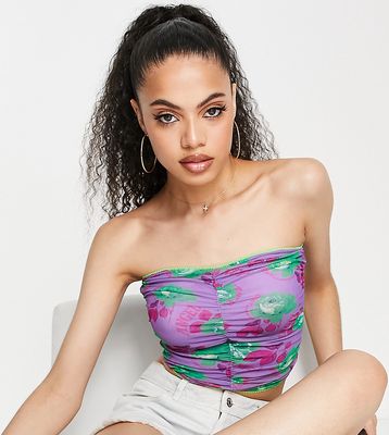 ASYOU ruched front mesh bandeau top in rose print-Purple