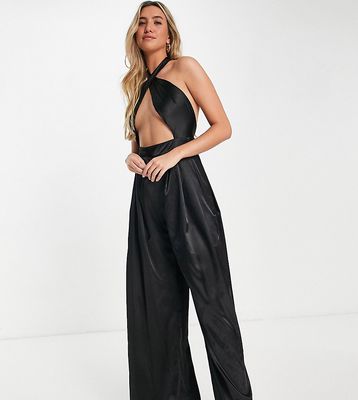 ASYOU satin halter cut out jumpsuit in black