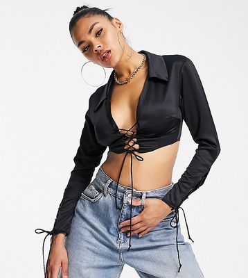 ASYOU satin lace up cropped shirt in black