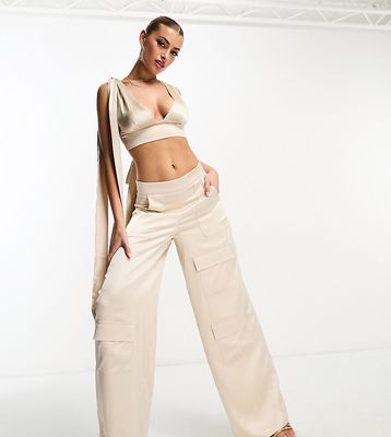 ASYOU satin wide leg utility pants with tie belt in champagne-Neutral