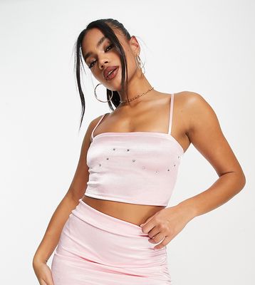 ASYOU stretch satin hot fix detail cami top in baby pink - part of a set