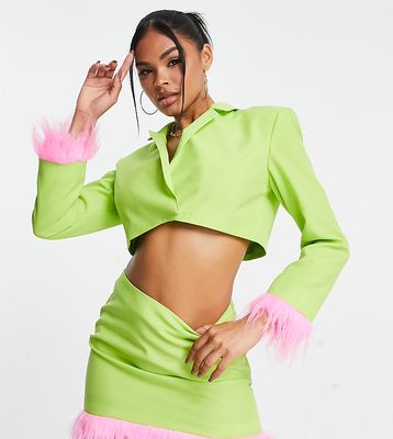 ASYOU tailored cropped blazer with pink faux feather trim in green - part of a set