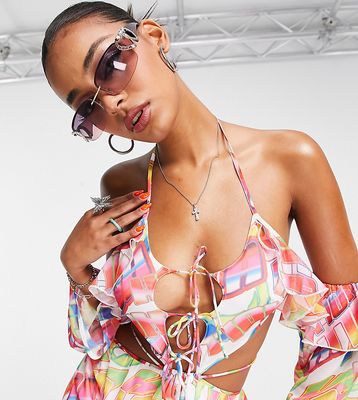 ASYOU tie front off-shoulder dress in graphic print-Multi