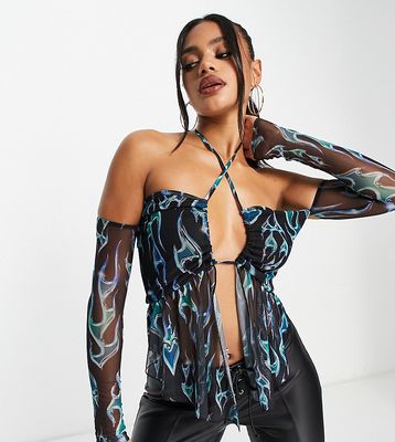 ASYOU tie front ruched channel top with split front in printed mesh-Multi