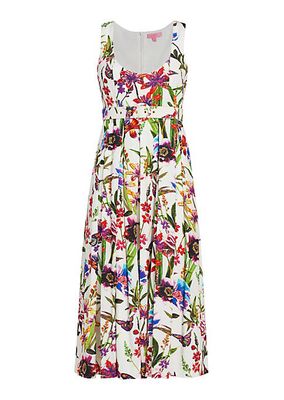 Athena Belted Floral Linen-Blend Midi-Dress