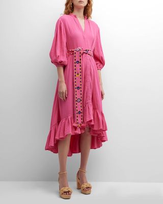 Athena Puff-Sleeve Belted Cotton Gauze High-Low Dress