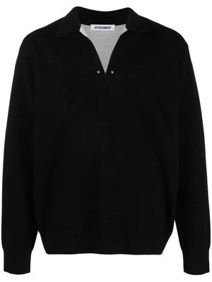 Attachment long-sleeved wool polo shirt - Black