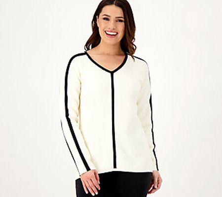 Attitudes by Renee V-Neck Ribbed Sweater with Contrast Piping