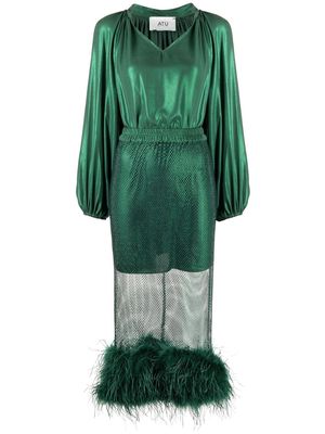 Atu Body Couture feather-trim beaded panel dress - Green