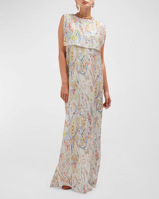Aubrey Paisley-Print Button-Shoulder Sleeveless Maxi Dress