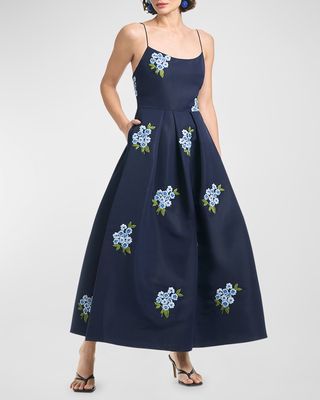 Audra Pleated Floral-Embroidered Maxi Dress