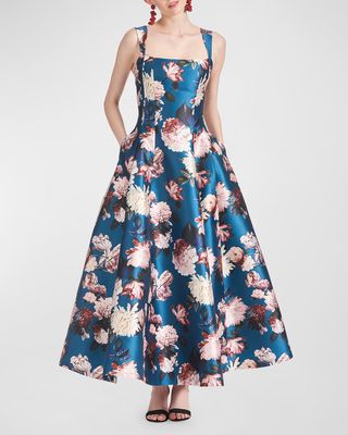 Audrey Sleeveless Floral-Print Mikado Gown